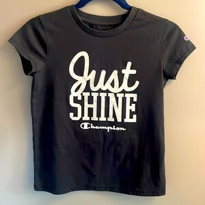 Girl’s size 14/16, Champion Tee, Black with silver writing: Just Shine